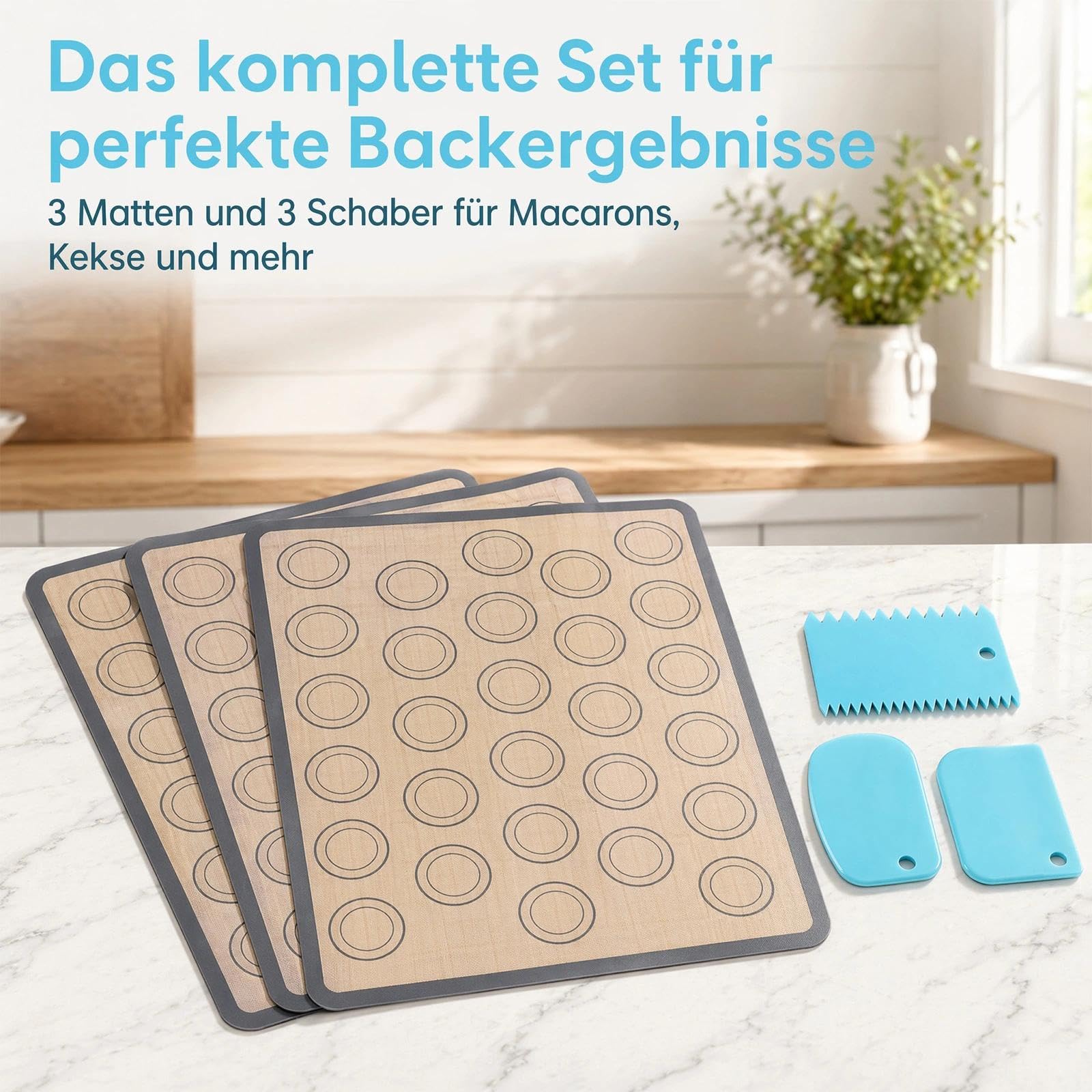 3 tappetini da forno in silicone per macaron, 42 x 29,5 cm, tappetino in silicone, facile da pulire, antiaderente, con raschietto blu, per torte, pane, biscotti, pizza
