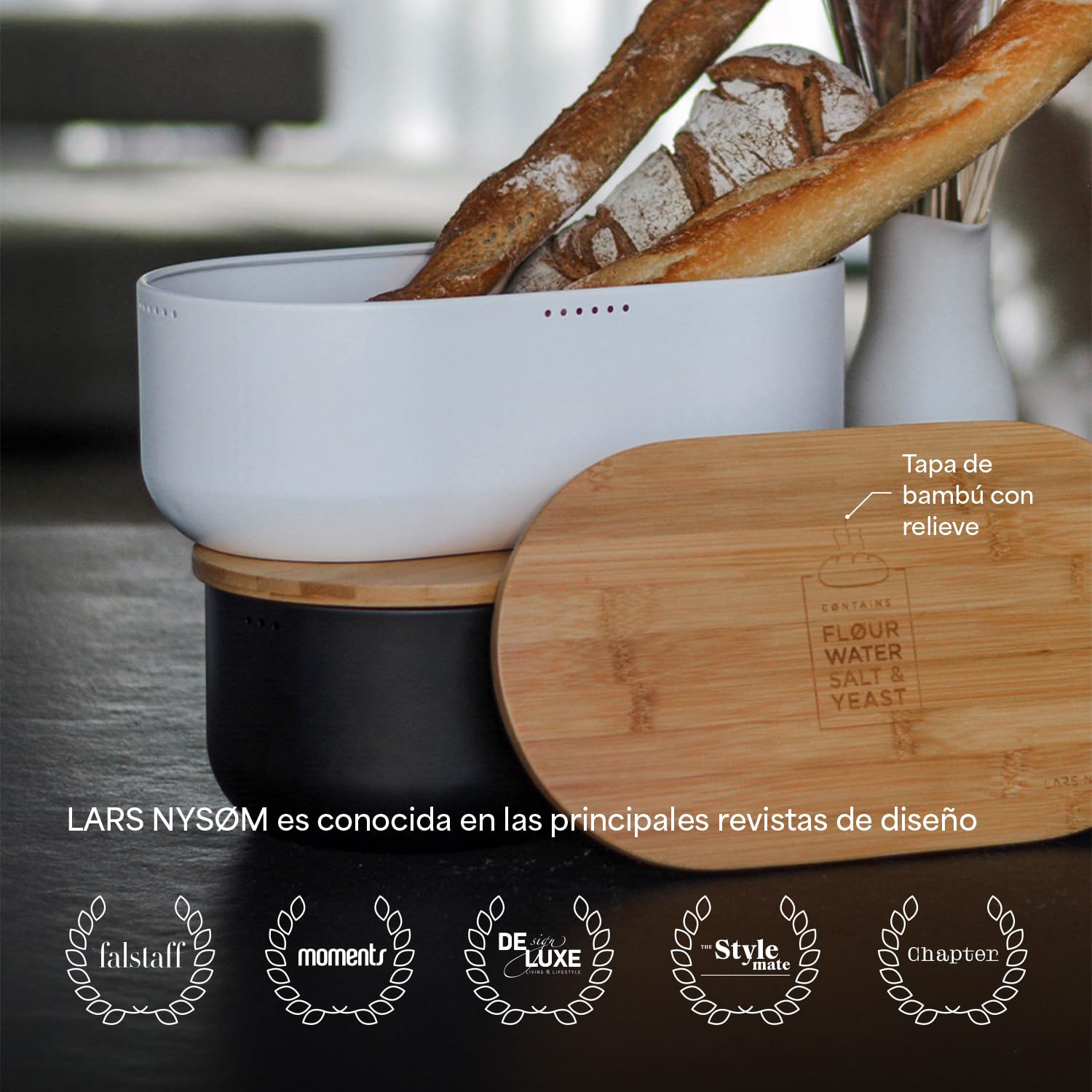 LARS NYSØM Panera I Recipiente para Pan para una frescura particularmente duradera I Caja de Pan con Tapa de bambú Adaptable como Tabla de Cortar (Arctic White)