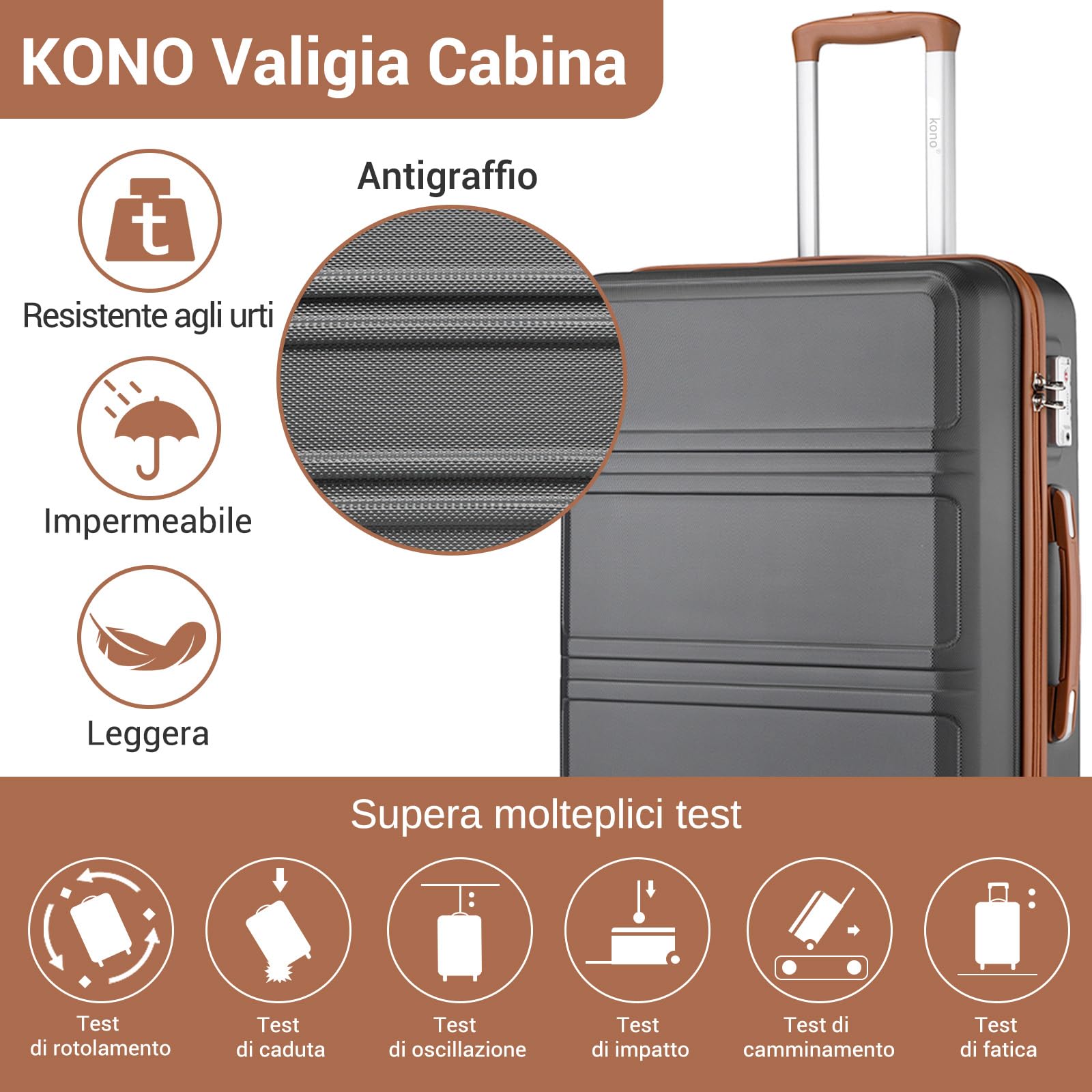 KONO Bagaglio Mano Valigia Materiale ABS Leggero e Resistente con 4 Ruote Rotanti 55 cm, 37L