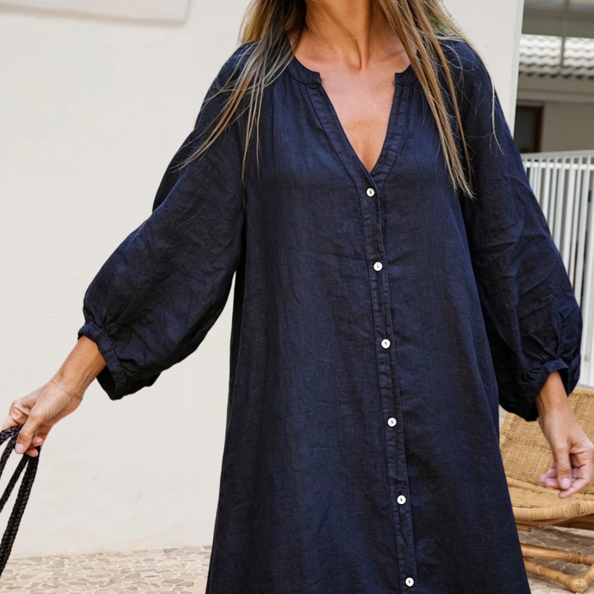 Vestido Largo De Mujer De Algodón Y Lino con Botones, Mangas Farol, Abertura Lateral, Vestido Playero Holgado con Bolsillos. Black XX-Large
