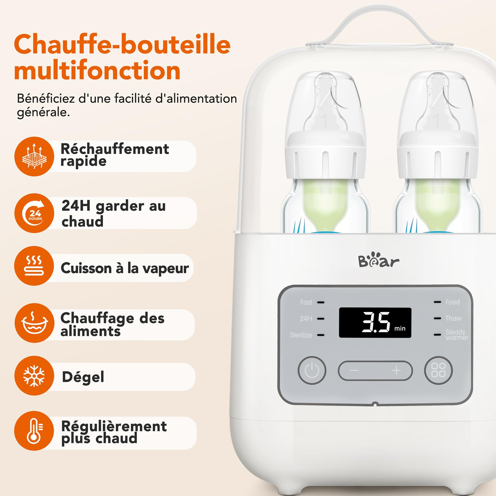 Bear 6-In-1 Chauffe Biberon,Sterilisation Biberon, Double Tasse，Chauffage 24 Heures, Chauffage/Décongélation Des Aliments, Rapide 3-7 Minutes，Stérilisation À La Vapeur À Haute Température 99.99%