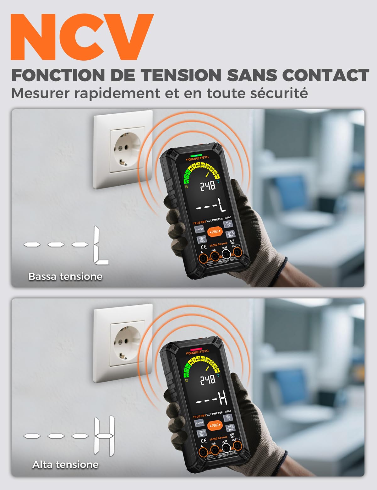 Multimetro Digitale Professionale POROMETISTO TRMS 10000 conteggi, 750V CA/ 1000V CC Ricaricabile con Auto Gamma, Misura Tensione Corrente Resistenza Continuità Capacità Frequenza Diodo TEM