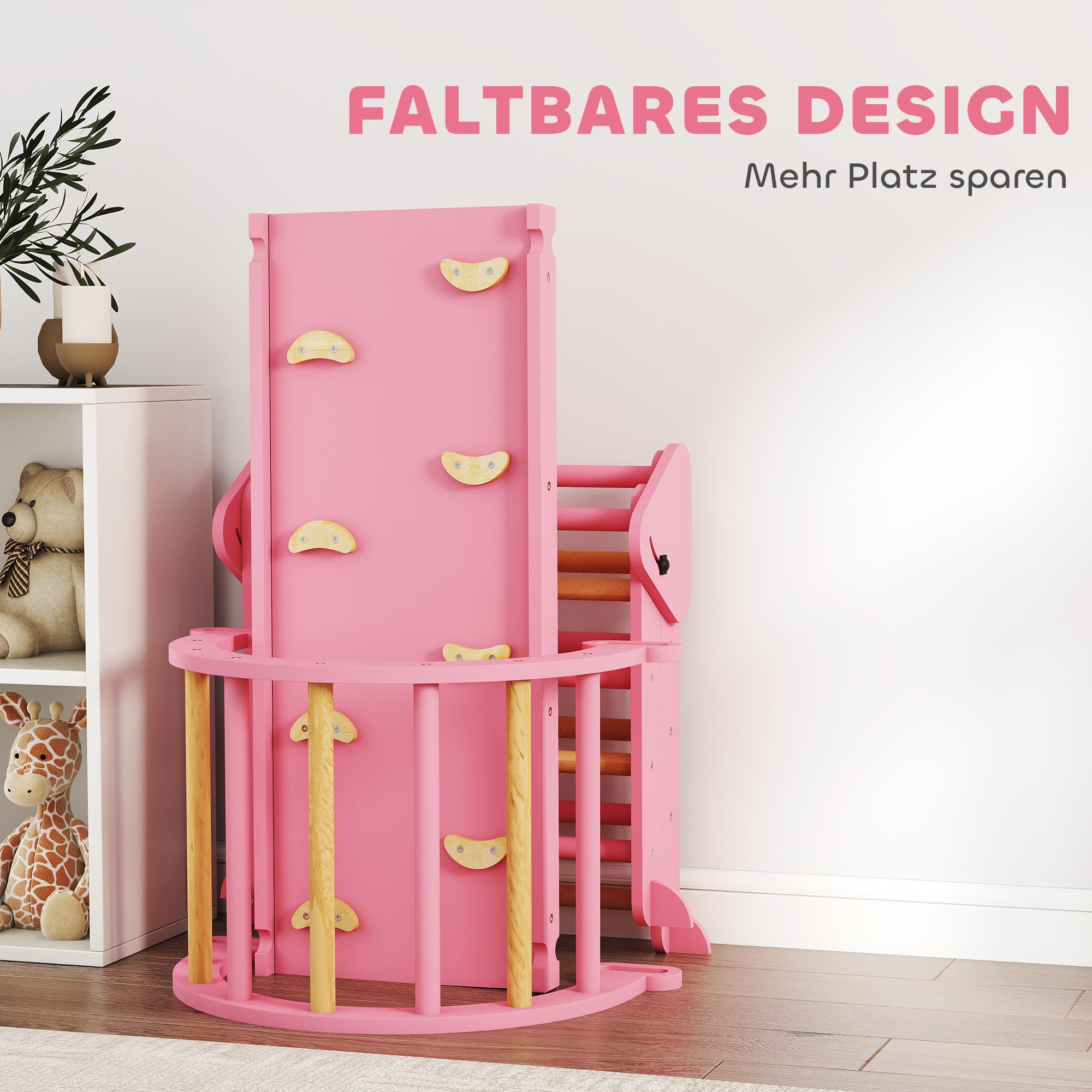 AIYAPLAY 7-in-1 Montessori Klettergerüst Indoor, faltbar Holz Kletterdreieck mit Rutsche, Bogen, Indoor Spielplatz für Kinder von 1,5-4 Jahre, Rosa