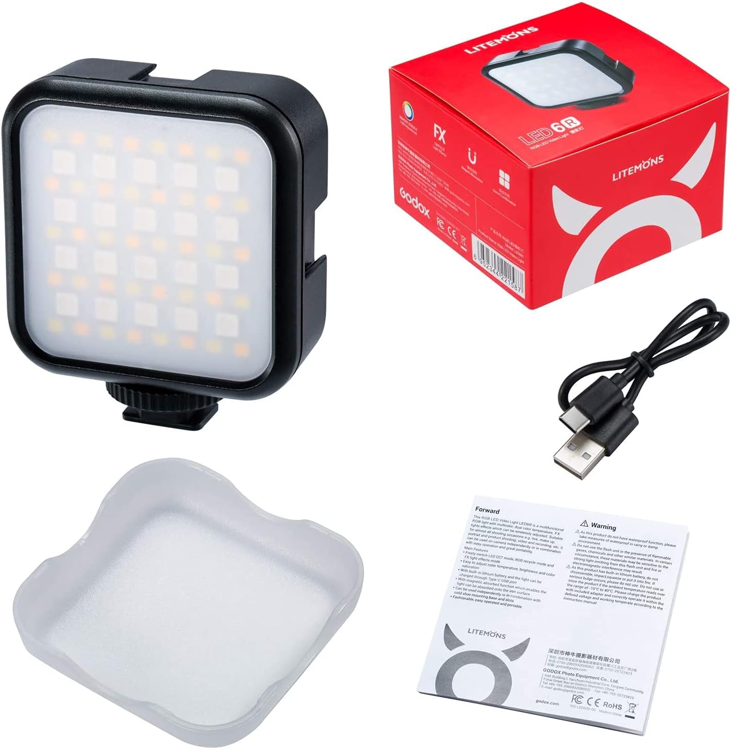 Godox LED6R RGB Video Light,360° Full Color LED Camera Light,HSI Adjustable 36000 Colors,CCT Bicolor 3200K～6500K,CRI 95,13 Scene Modes,Portable Photography Lighting Support Magnetic Attraction