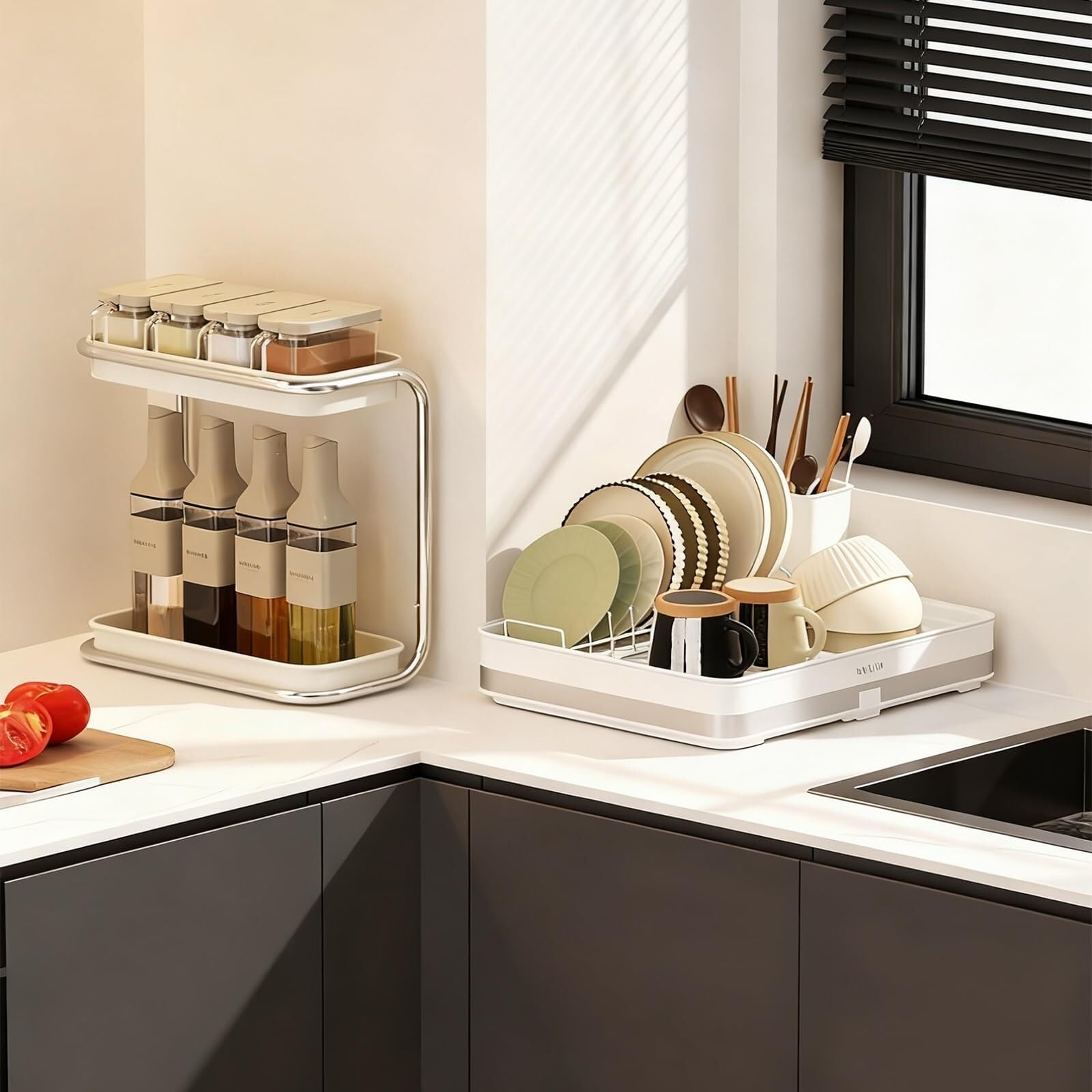 ARUNASC dish racks Dish Drying Rack Dish Drainer with Removable Utensil Holder & Drain Board Space-Saving for Kitchen Countertop drainer(Ivory White,B)