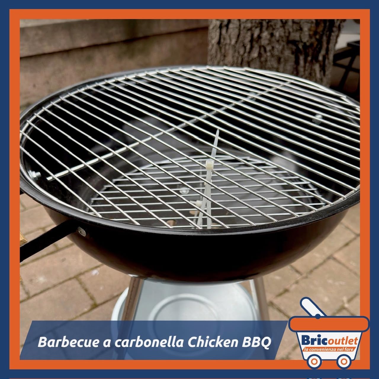 Barbecue a Carbonella CHICKEN BBQ – Griglia Ø44cm in Acciaio Inox – BBQ Portatile da Giardino, Balcone, Campeggio – con Maniglia in Legno – Barbecue Piccolo Compatto