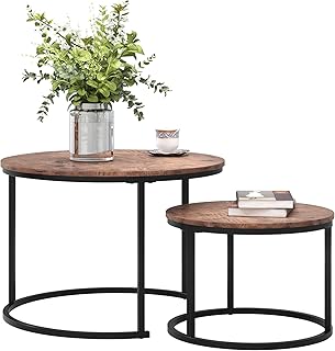 Round Nesting Coffee Table Set of 2 for Living Room, End Side Table with Metal Frame, Sofa Tea Table for Small Space, Black and Brown, 69.5 x 49 cm and 49.5 x 35.5 cm (Dia. X H)