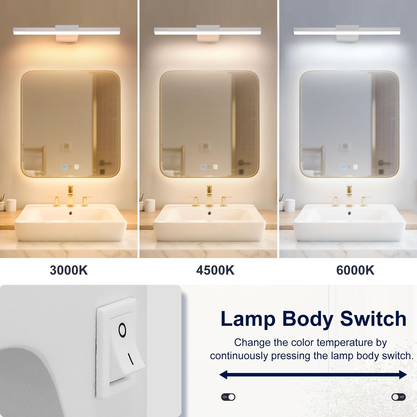 ENCOFT 40cm Bathroom Mirror Light with Switch IP44 Rated 3 Colour Temperature Picture Wall Light 8W Over Mirror Bathroom Lights for Vanity Bedroom Living Room - Image 2