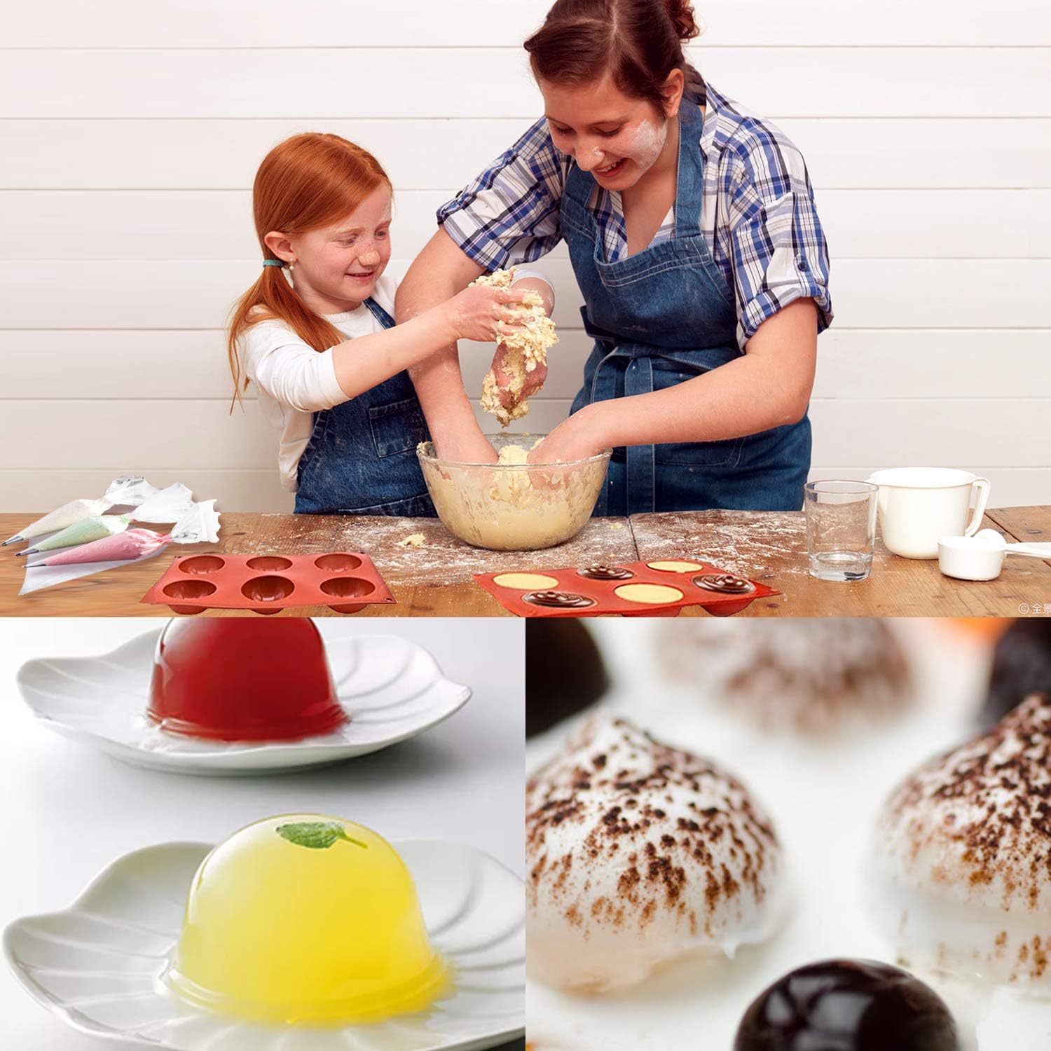2 Pack Semi Sphere Silicone Mold with 10x Disposable Pastry Bag Icing Piping Bags for Making Hot Chocolate Bomb, Cake, Jelly, Dome Mousse.Dia:2.6inches… (6 Holes)