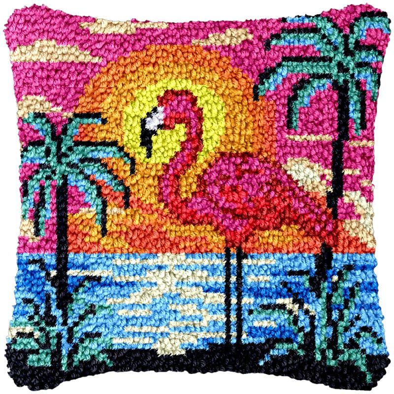 Beginner Latch Hook Pillow Kits Set Flamingo Bird Sofa Cushion Cover Latch Hook Carpet Rug Acrylic Yarn,Pillowcase Craft Kits with Printed Canvas for Starter 17 x 17 Inch
