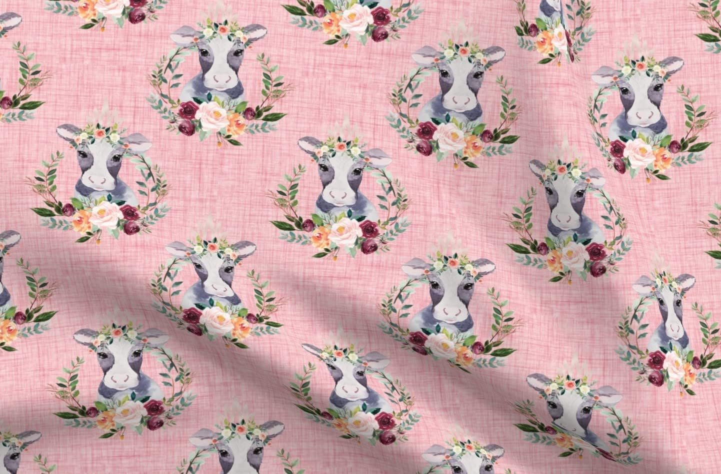 Spoonflower Fabric - Floral Cow Pink Girl Blush Mauve Animals Printed on Organic Cotton Sateen Fabric by The Yard - Sewing Quilting Apparel Home Decor