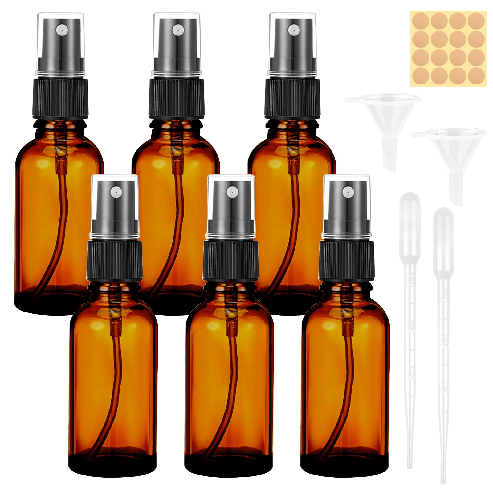 30ml Amber Glass Spray Bottle, 6pcs Empty Fine Mist Spray Bottle, Refillable Brown Glass Spray Bottle with Dropper, Funnels, Label for Cleaning, Aromatherapy, Perfume, Hair, Cosmetic Travel Sprays