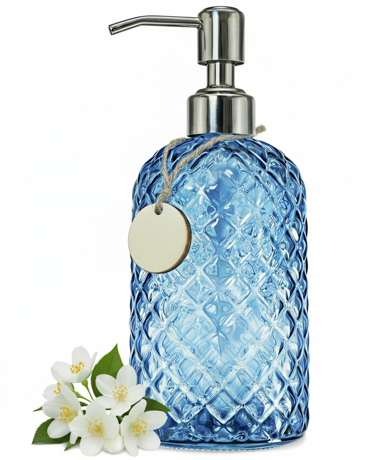 Giftgem Blue Gem Patterned Glass Soap Dispenser For Kitchen, 18Oz Refillable Hand Soap Dispenser With Rust Proof Stainless Steel Pump, Clear Soap Dispenser Bathroom For Dish Soap, Hand Soap, Lotion(Blue)