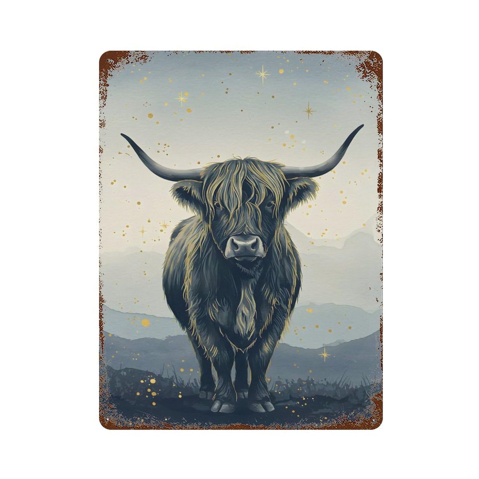 Highland Cow Watercolor with Gold Accents Retro Metal Sign 15.7"x11.8", Vintage Wall Decor for Garage, Pub Or Kitchen