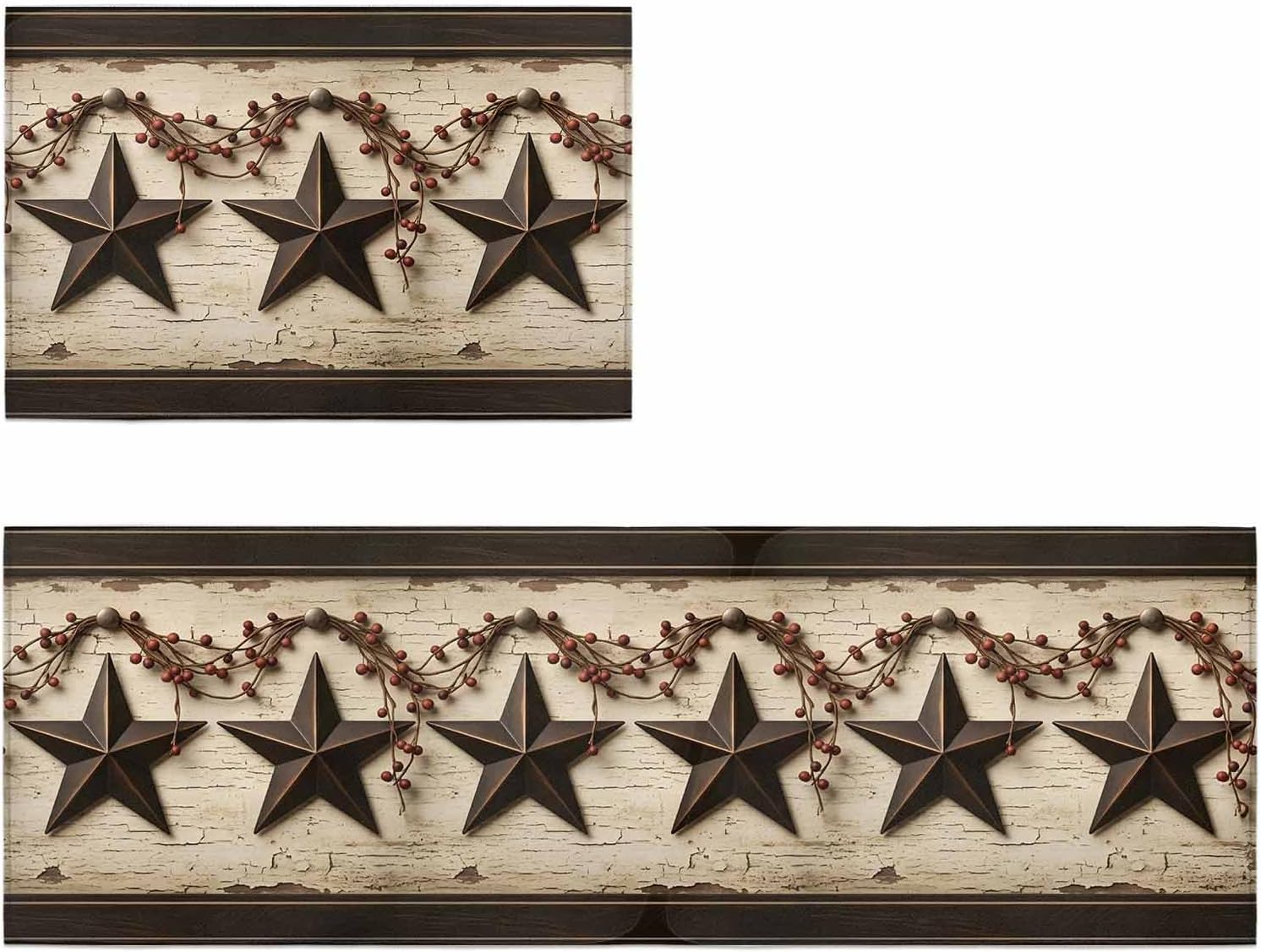 Kitchen Mats for Floor Vintage Brown Western Star Berry Washable Non Slip Kitchen Rugs 2PCS, Rustic Wood Grain Absorbent Standing Mats for Sink Bathroom Office Living Room 15.7x23.6in+15.7x47.2in