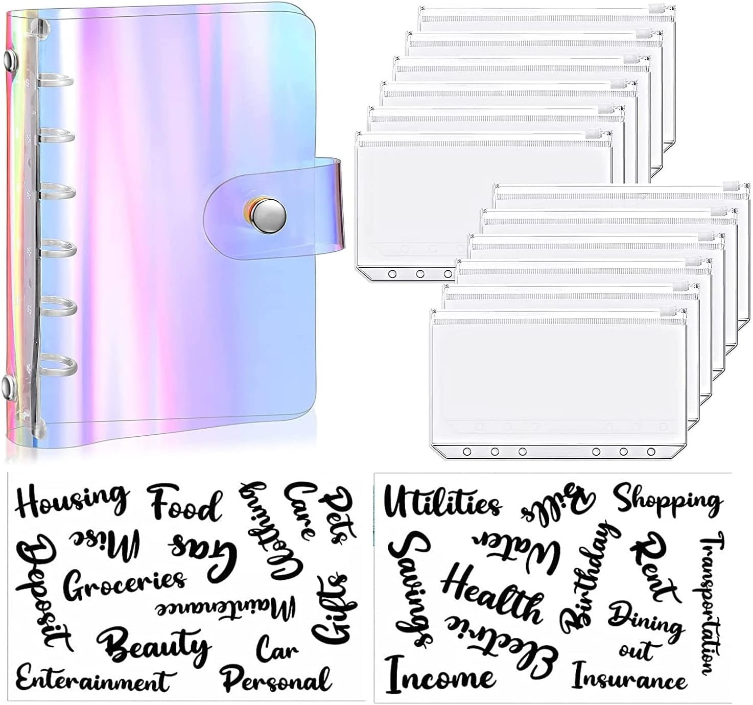 15 Pieces A7 Soft PVC 6- Binder Cover 12 Mini Zipper Pockets and 2 Sheets Cash Envelope Sticker for Budget Planner