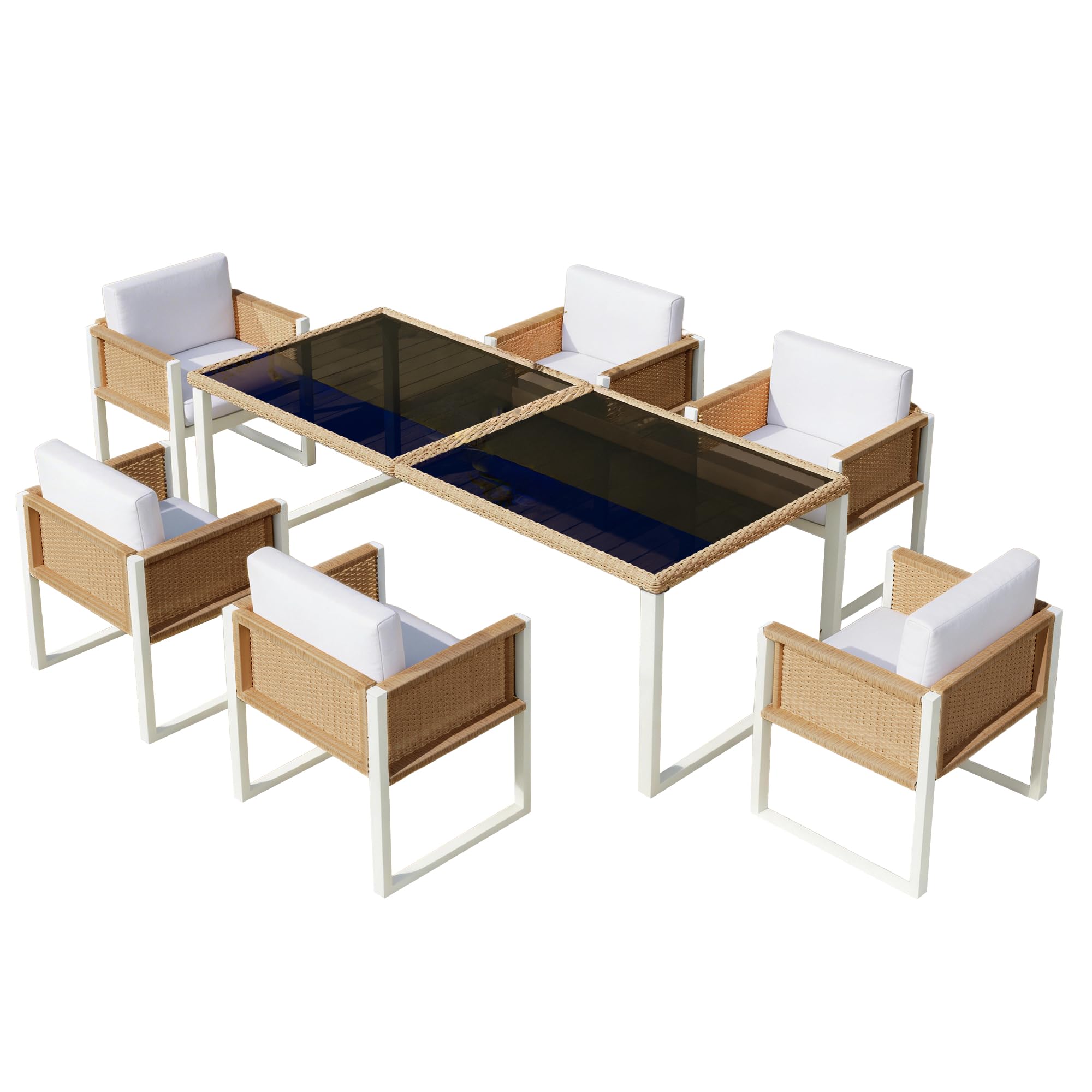 Polyrattan Gartenmöbel Set, Essgruppe für 6 Personen mit Tisch & Sesseln, abnehmbare und waschbare Bezüge, wetterfestes Outdoor-Möbelset, Braun+Weiß