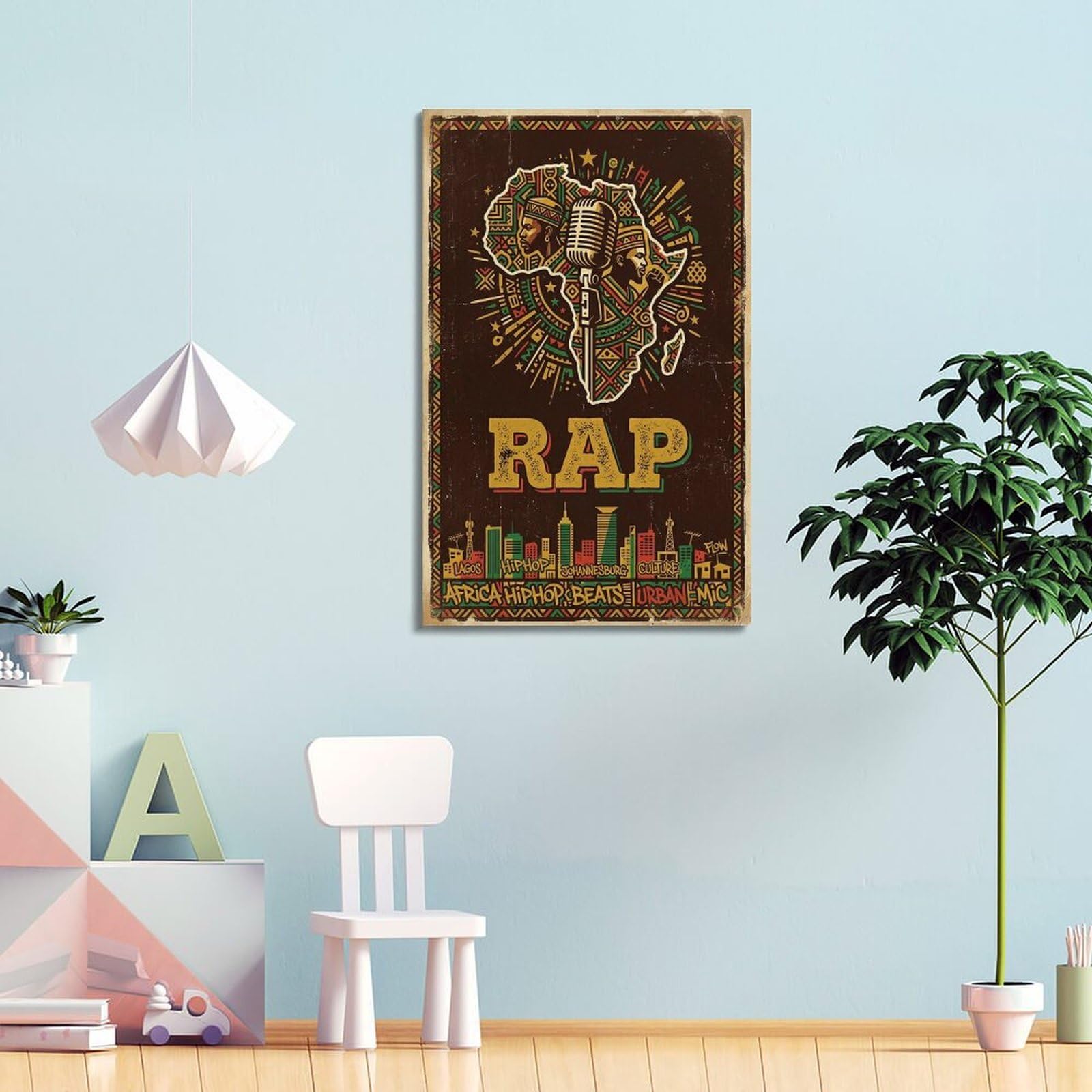 OKNGB Poster con musica rap africana, mappa hiphop con microfono, poster decorativo da parete su tela, poster decorativo per camera da letto, poster decorativo per camera da letto, 40 x 60 cm