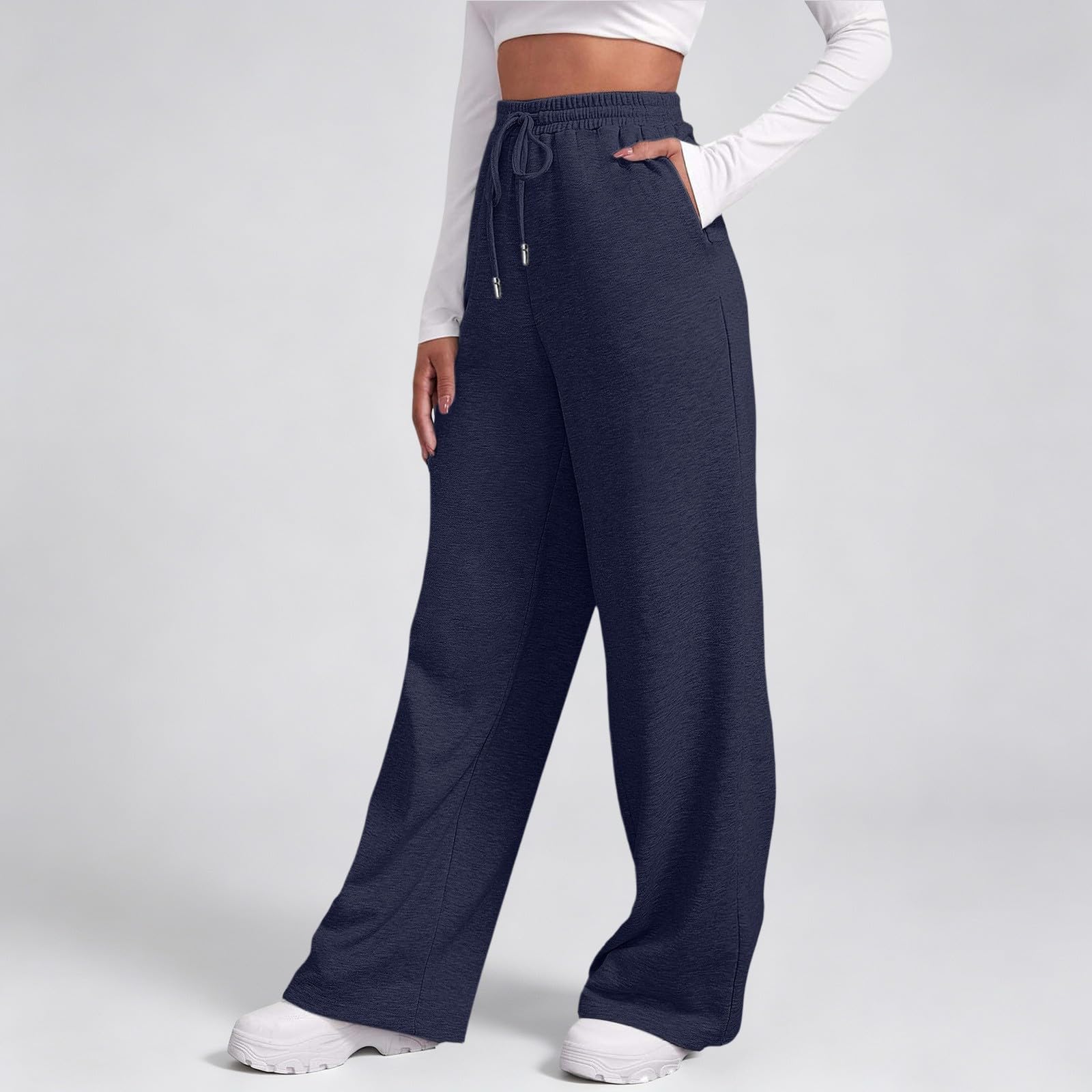 Pantalones de chándal para mujer, pantalones de ocio con bolsillos, ligeros, pantalones de tela con cordón, cintura elástica, pantalones de chándal elásticos, pierna recta, pantalones de salón