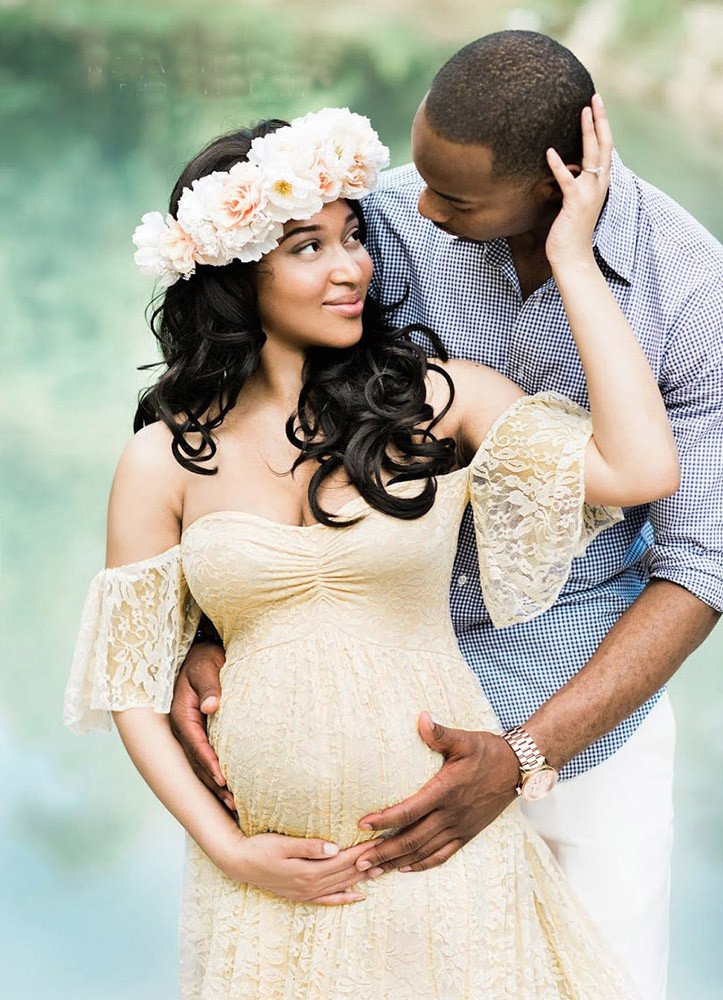 Vestido largo de fotografía para embarazo, vestido de maternidad con encaje y hombros largos, accesorio para embarazadas