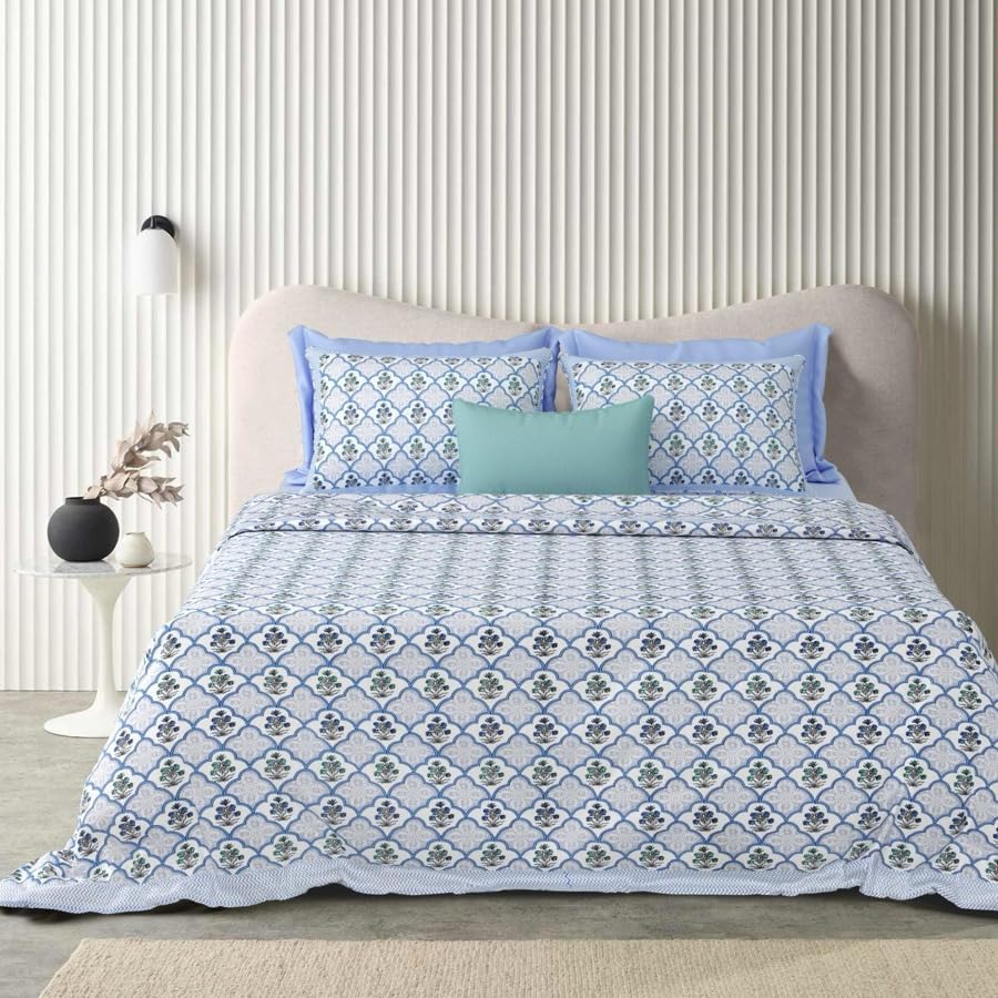 Image of Urban Jaipur 100% Cotton Bedsheet for Double Bed (90 x 108 Inches) | 210 TC King Size Bed Sheet for Double Bed with 2 Pillow Covers | Pure Cotton Jaipuri Bedsheet- Blue