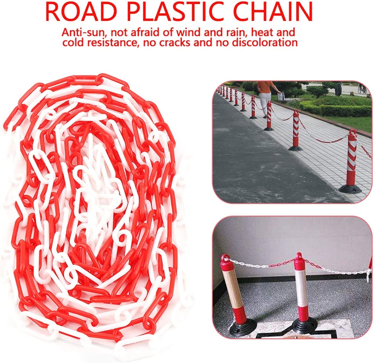 Plastikowy łańcuch ostrzegawczy Ber, czerwony i biały łańcuch ostrzegawczy z 2 S Hoo, idealny do parkowania, budowy podjazdów, ogrodów i odpowiednich granic (6 mm, 25 m)