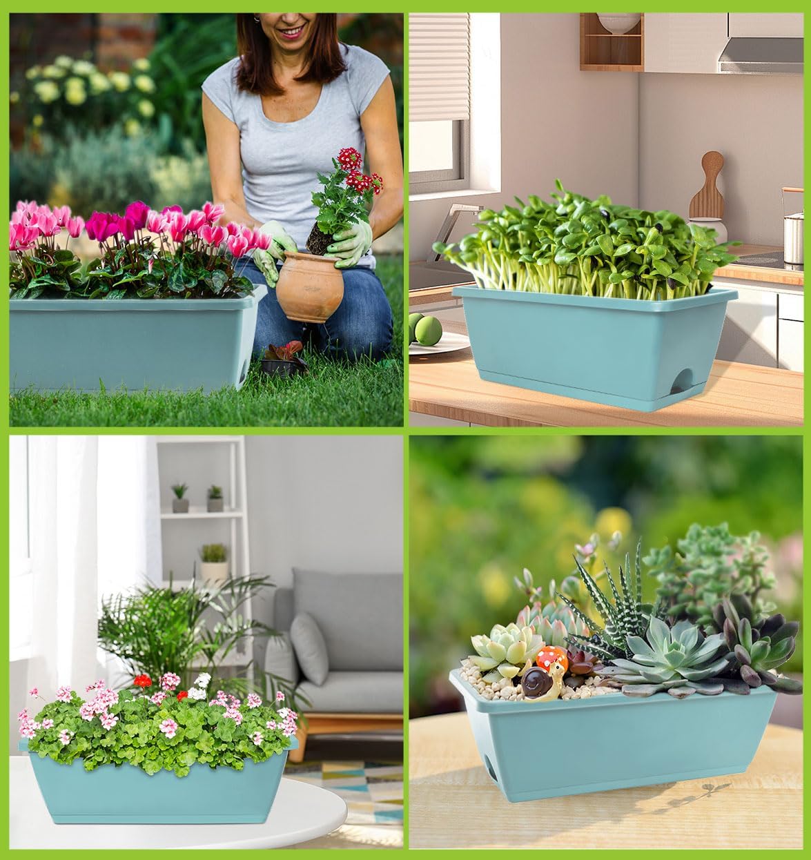 LOCONHA Window Box Planter, 7 Pack Plastic Vegetable Flower Planters Boxes 17 Inches Rectangular Flower Pots with Saucers for Indoor Outdoor Garden, Patio, Home Decor
