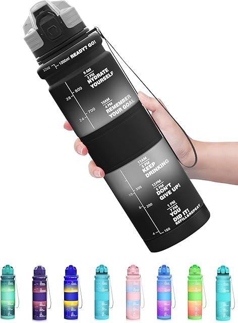 Coolfel 500ml/1l Water Bottles, Motivational Water Bottle with Time Markings, BPA Free Leakproof Sports Drinks Bottle Time Marked Daily for Kids Gym Running Fitness