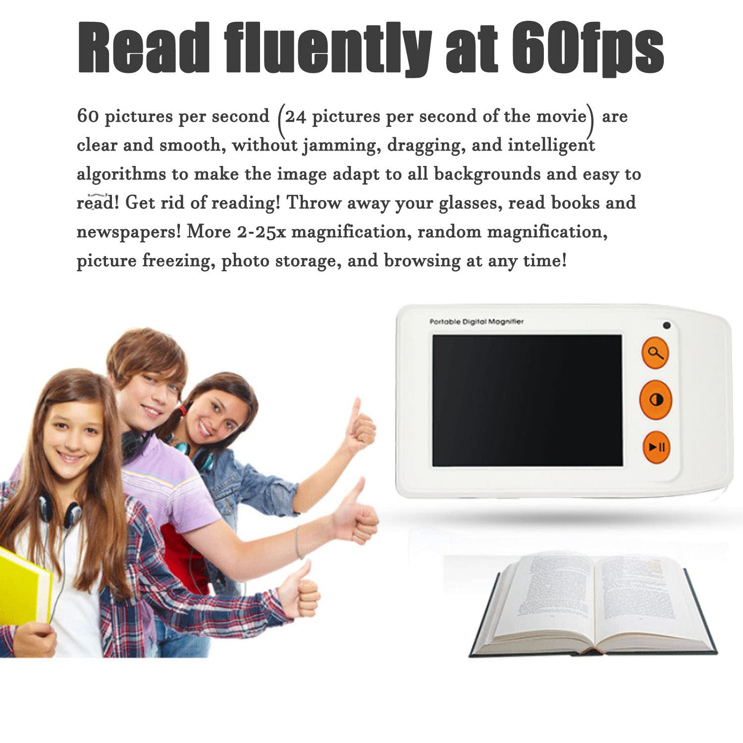 Lupa Digital, Lupa de Ayuda de Lectura Electrónica Portátil de Mano de 3.5", Enfoque Automático, Aumento 2X-25X, 8 Modos de Color, Lupa de Lectura para Letras Pequeñas Y Baja Visión,White
