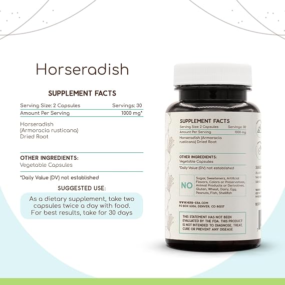 HerbEra Horseradish 60 Capsules, 500 mg, Horseradish (Armoracia rusticana) Dried Root (60 Capsules)