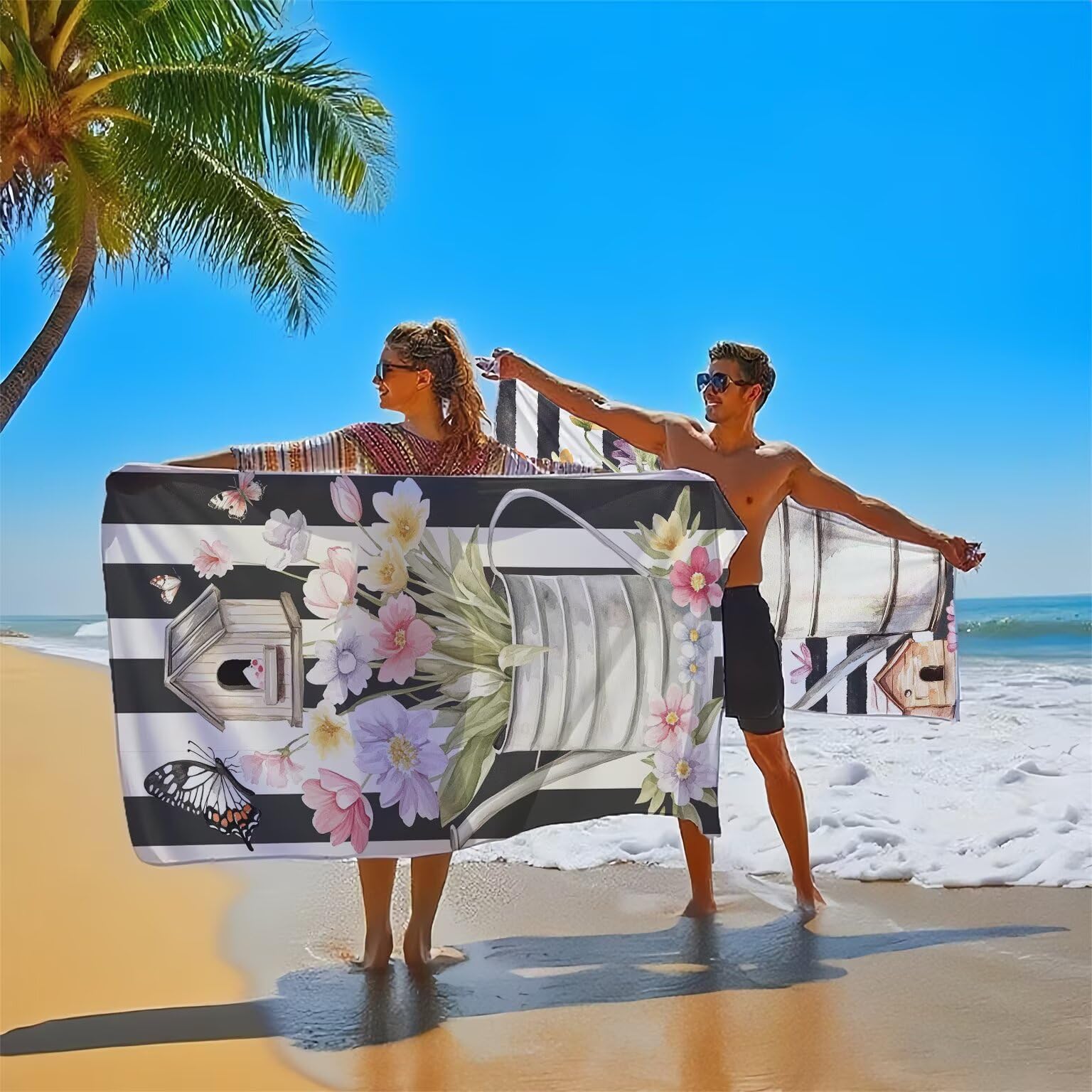 Model417 Ręcznik plażowy 90 x 200 cm, z mikrofibry, ręcznik plażowy z motylem, duży, chłonny, szybkoschnący, lekki, bez piasku, do sauny, na plażę, podróż, prezent dla kobiet