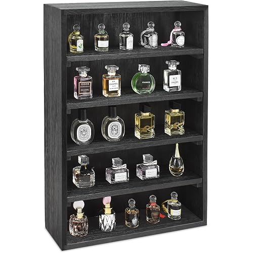 Ikee Design Wooden Wall-Mounted Display Shelves Rack for Collectibles, Figures,Shot Glasses,Spice Can,Cosmetics or Perfume, 5 Adjustable Height Shelves,Space-Saving, Black Color