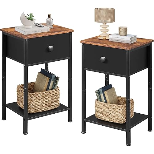 WLIVE Nightstand with Drawer, End Table with Storage, 2-Tier Bedside Table for Bedroom, Side Table with Sturdy Metal Frame, Black