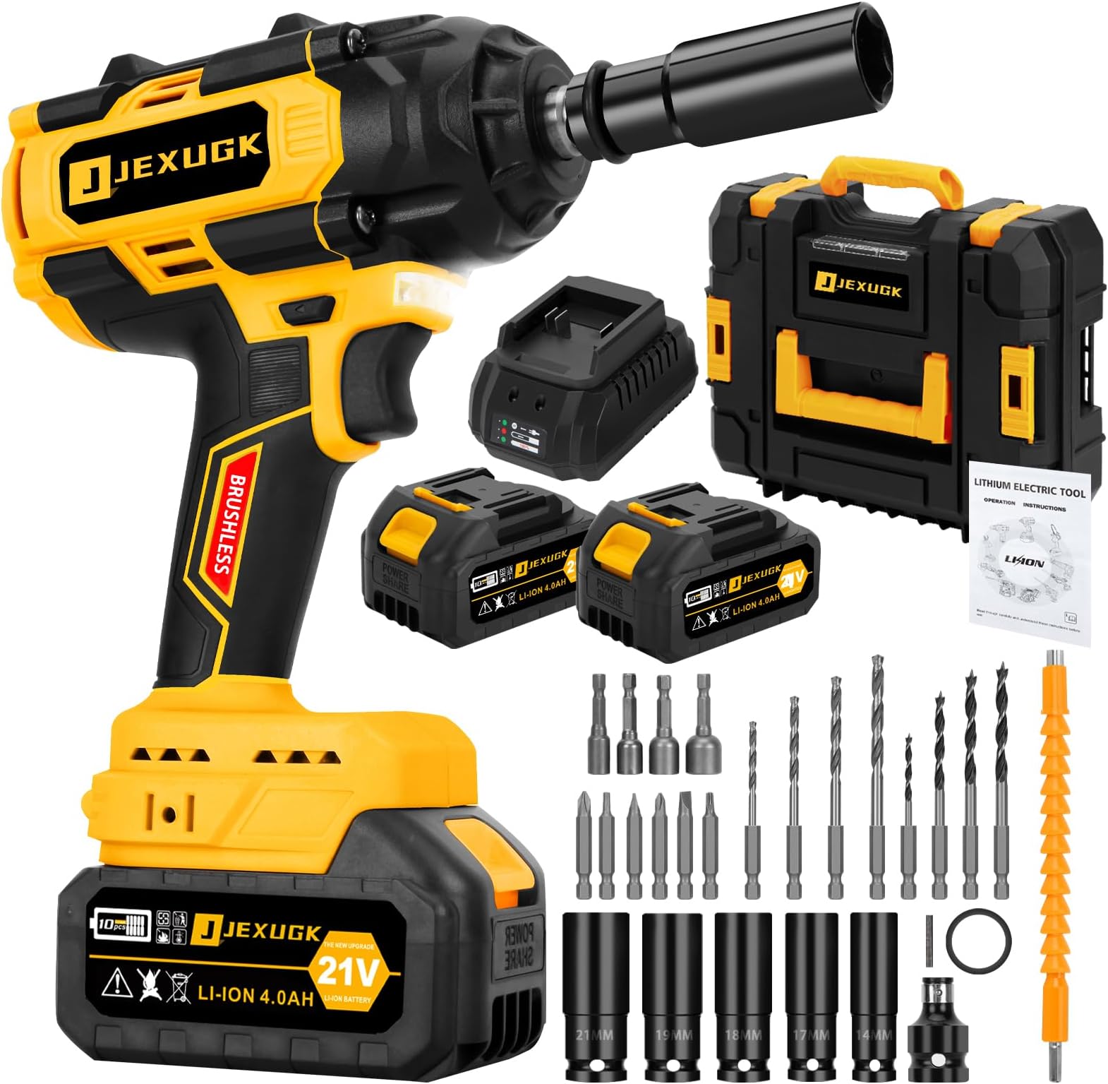 850N.m Cordless Impact Wrench Set, 1/2 inch 640Ft-lbs 21V Brushless Impact Gun, Llave De Impacto w/ 2 x 4.0Ah Battery, Charger, 5 Sockets, Kit Pistola De Impacto for Car Home