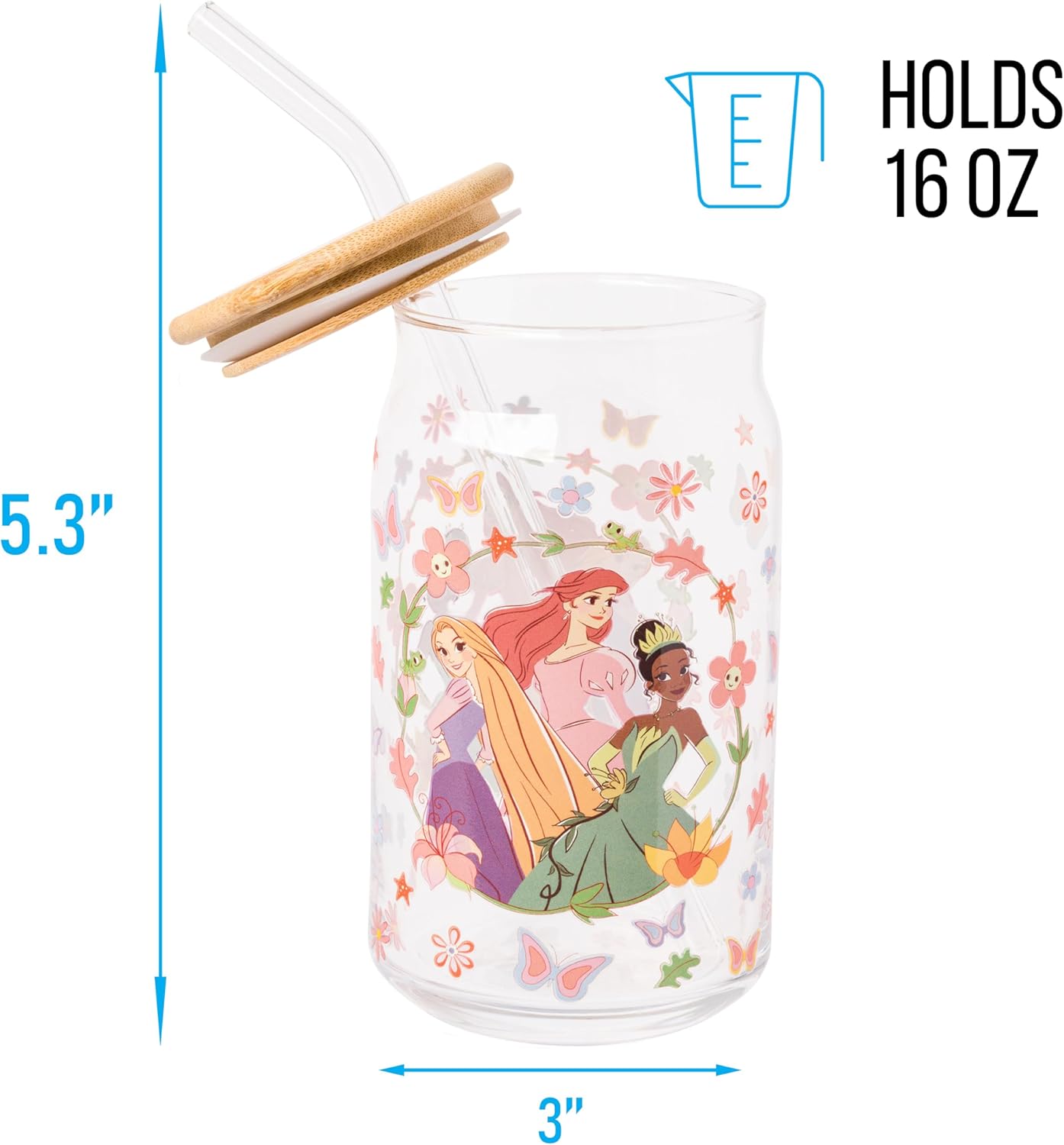 Silver Buffalo Disney Princesses Featuring Rapunzel Tangled, Ariel Little Mermaid, Tiana Princess and the Frog Spring Floral Glass Jar Tumbler with Bamboo Lid and Glass Straw, 16 Ounces - Image 2