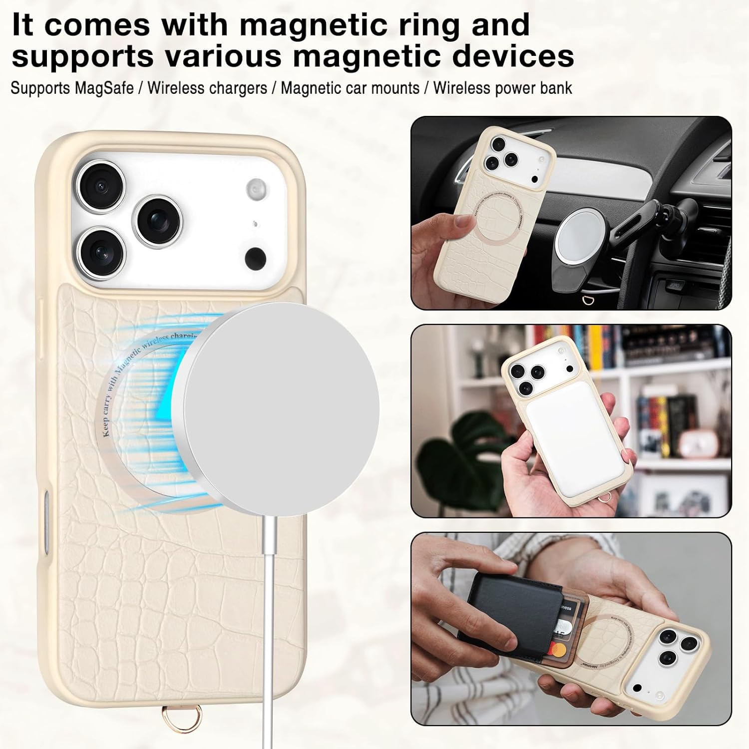 Hanman Magnetic Wallet Case for iPhone 17 Pro,RFID Blocking Leather Zipper Purse Magnetic Case with Chain Patche for iPhone 17 Pro,2 in 1 Detachable Magnetic Wallet Cover-Beige
