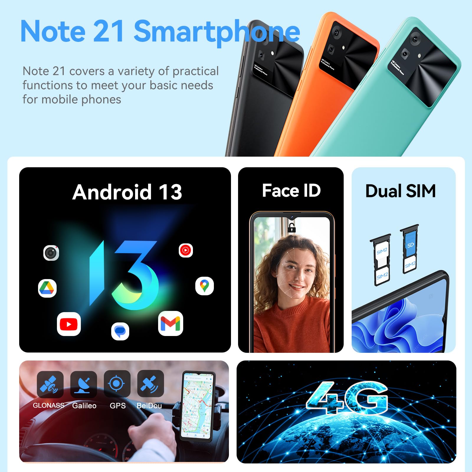 CUBOT Note 21 Smartphone 12GB(6+6) RAM + 128GB ROM TF 1TB Expand 6,56" 90Hz Schermo Android 13 Telefono Cellulare 50MP Fotocamera 5200mAh 4G Doppio SIM Octa Core Face ID - Nero