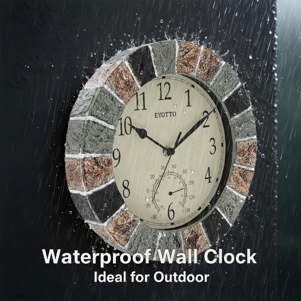 eYotto 10 Inch Small Indoor/Outdoor Waterproof Wall Clock with Thermometer Silent Non-Ticking Battery Operated Wall Clocks Weatherproof for Patio, Pool, Garden, Lanai, Fence, Porch, Deck, Bathroom