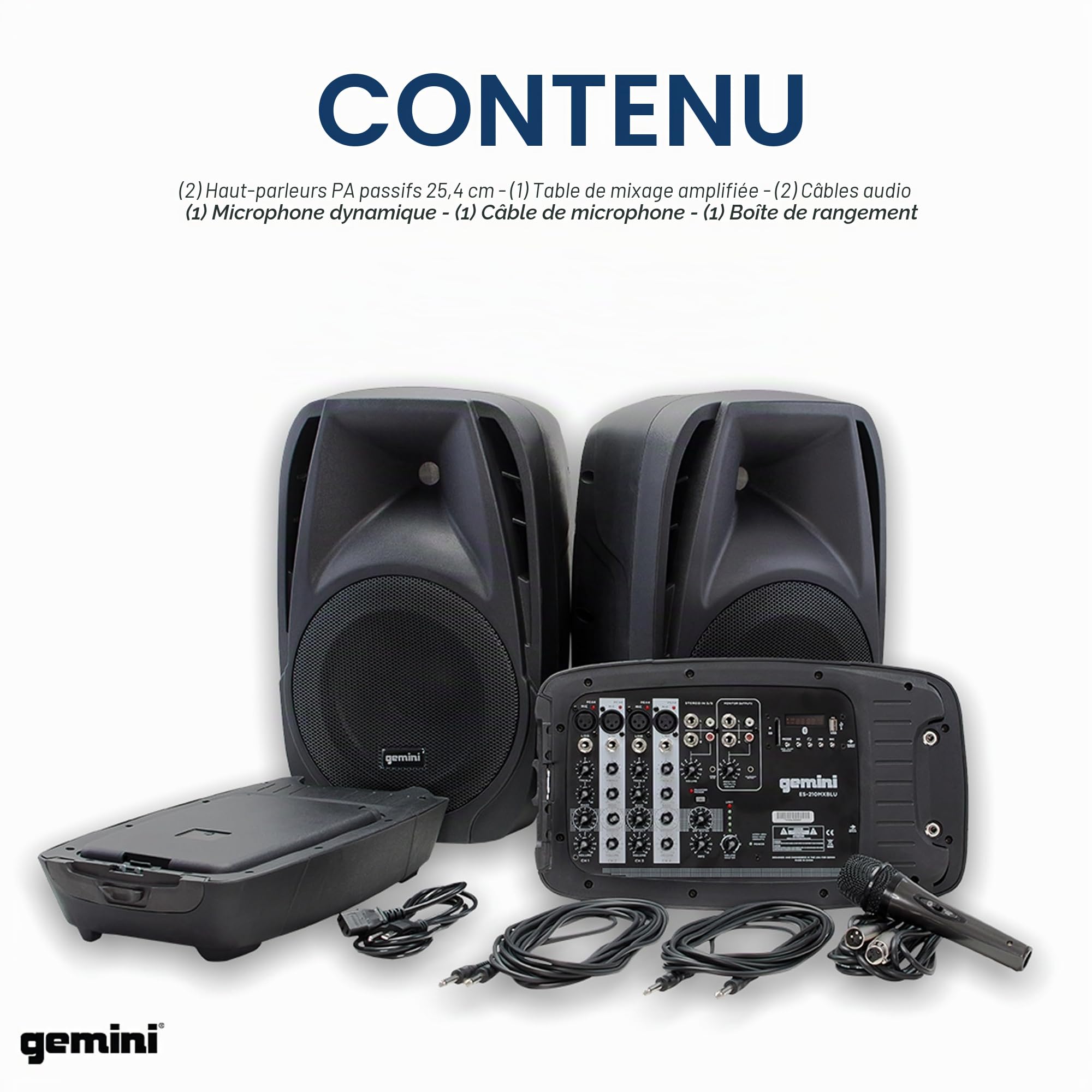 Gemini Sound ES-210MXBLU Professional Audio Bluetooth PA avec Deux Haut-parleurs de Woofer de 10 Inclus, Mélangeur Amovible à 8 Canaux, 4 entrées de Ligne / Micro, SD, USB