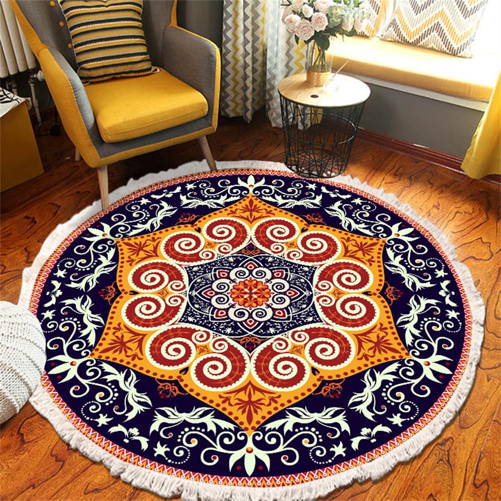 Tapis Rond en Coton avec Franges Mandala, Bohème Salon Tissé Tapis Antiderapant avec Glands, Doux Tapis de Sol d'entrée pour Chambre à Coucher, Couloir (150 cm,Orange)