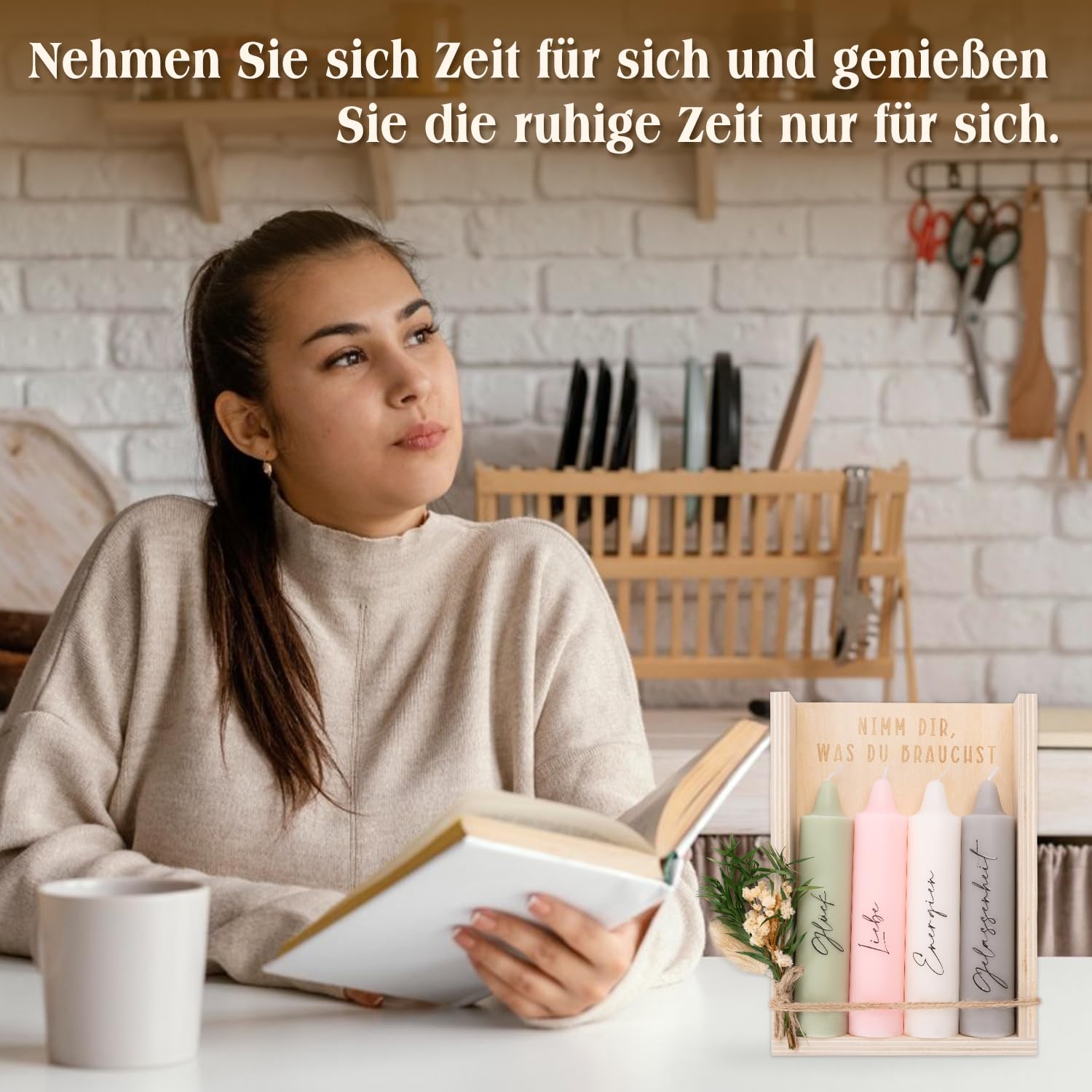 Nimm dir was du brauchst Kerzen, Geschenke für Freundin zum Geburtstag, Perfekte Kerzen Geschenkset mit Kerzenständer | Trockenblumen | Holzbox Holzverpackung, Geschenkidee für Schwester & Freundin
