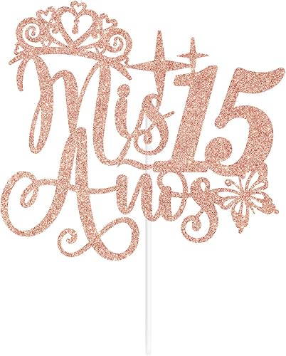 Mis Membrillo 15 para tartas, decoración de pastel Mis años 15, Feliz 15 años, Hello 15, Happy 15th Birthday Party Decor Rose Gold Glitter