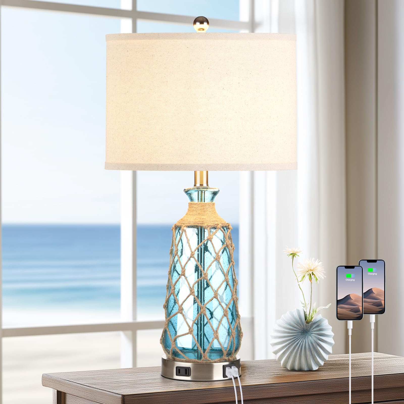 Coastal Glass Table Lamps 3-Way Dimmable Touch Control Bedside Lamps with 2 USB Ports and AC Outlet Teal