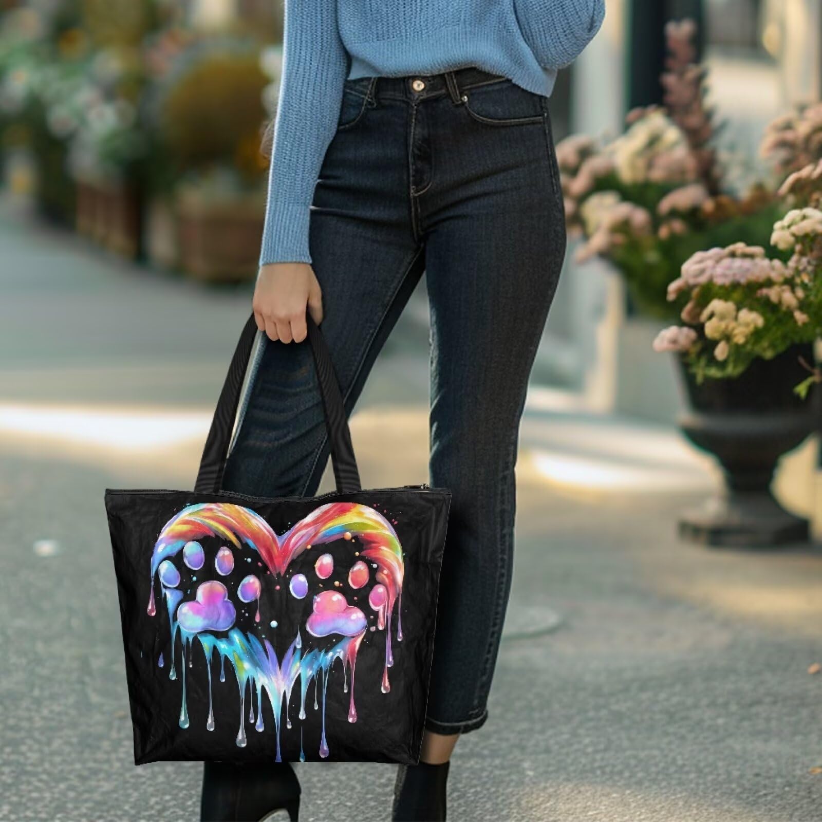 Jolamirel Color Hearts Reusable Teacher Bags Totes for Women, Colorful Oil Painting Paws Zipper Strong Natural Bag for Groceries, Gym, Office, Collage