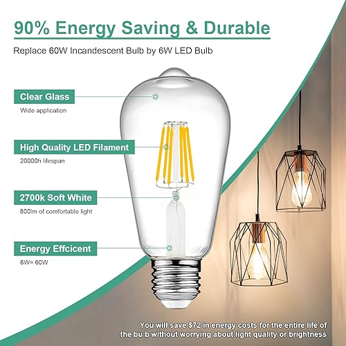 Miniatura 4 de Bombillas LED Edison vintage, equivalente a 6 W, 60 W, blanco cálido de alto brillo, 2700 K, bombillas de filamento LED antiguas ST64 con CRI de