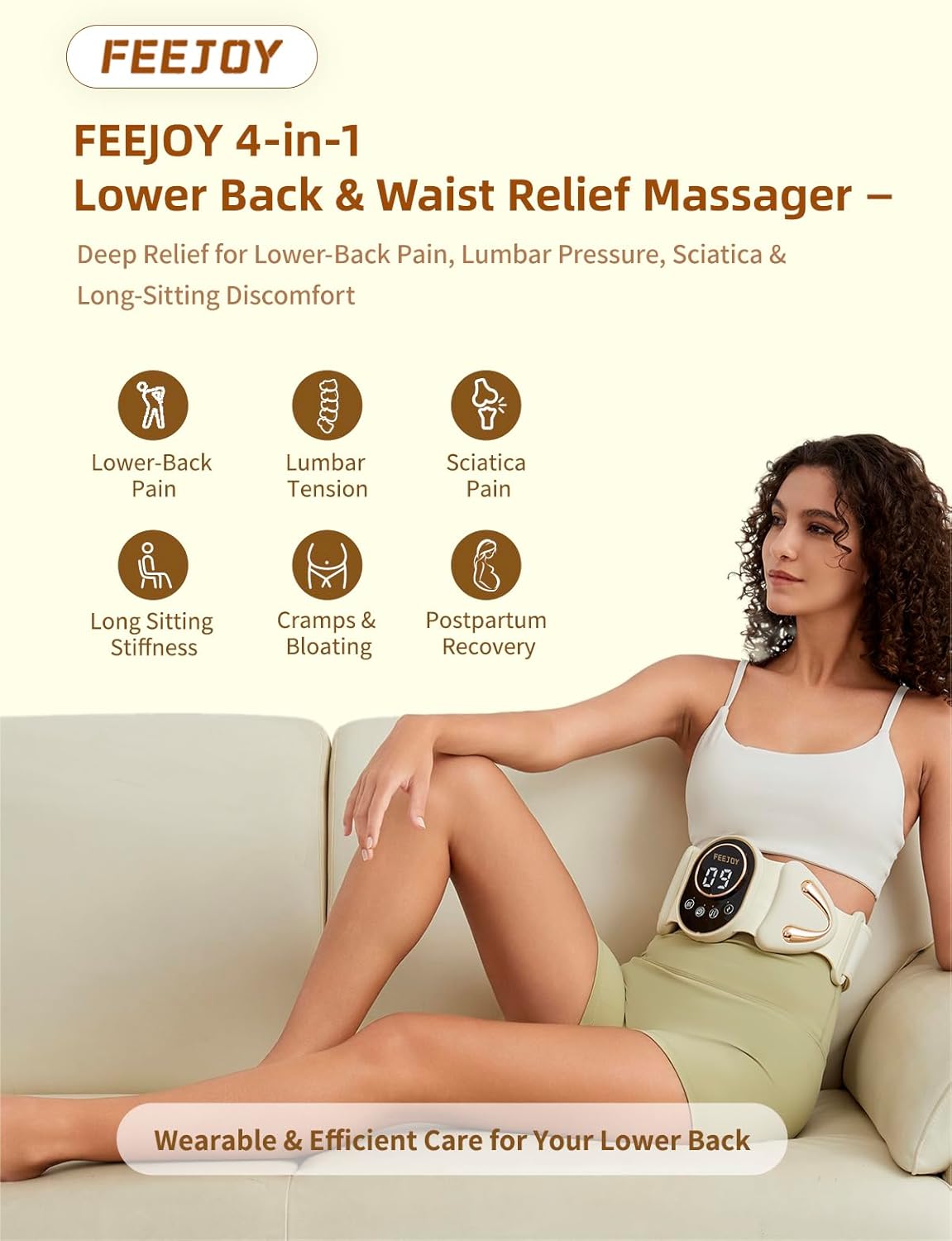 4-in-1 Smart Lower Back Massager with Heat, Pulse, Vibration & Light – Wearable Waist, Lumbar & Sciatica Pain Relief Devices for Long Sitting, Muscle Relief & Postpartum Support Beige - Image 2