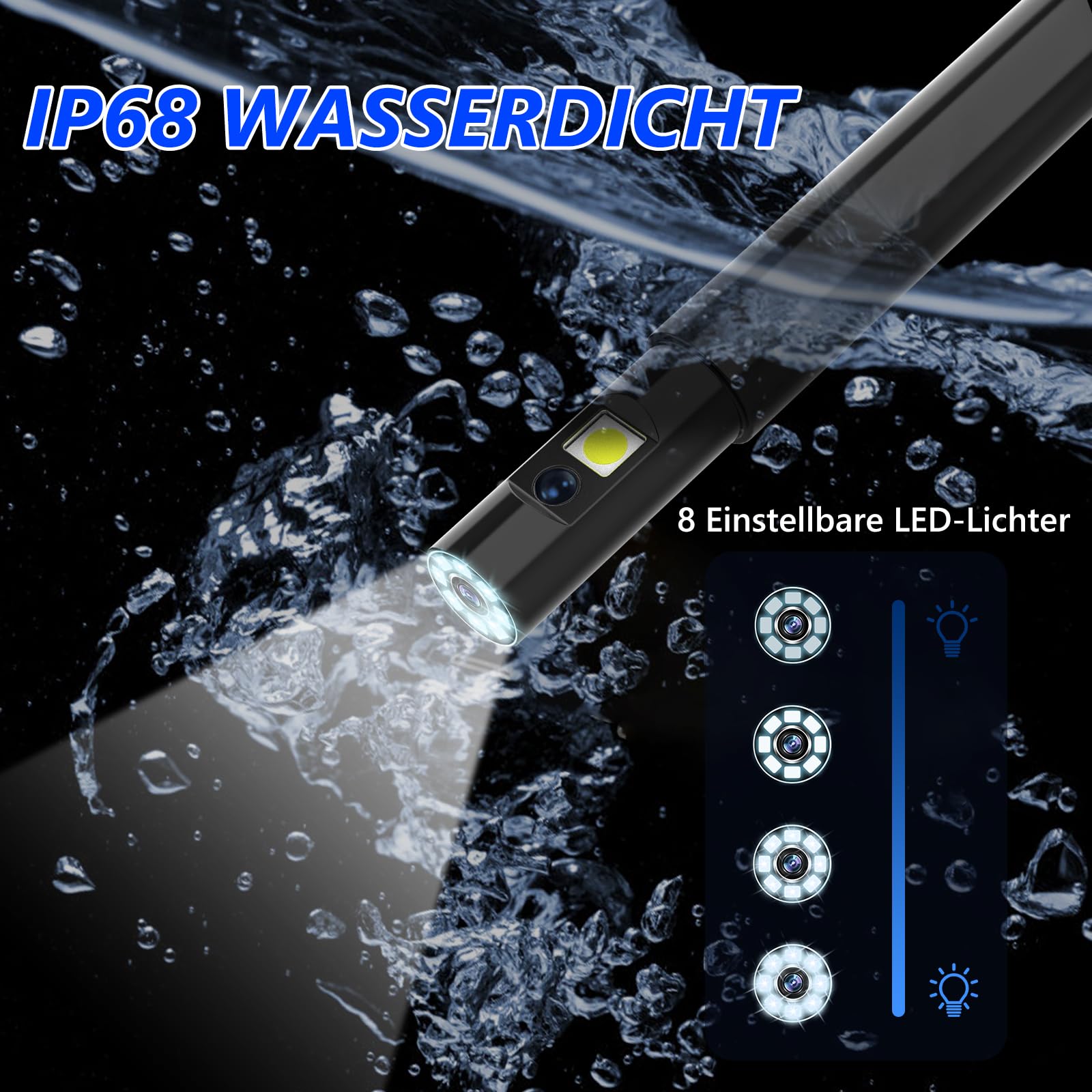 Endoskopkamera mit Licht, Ferdiiz 1920P HD Dual-Objektiv mit 720° Zwei-Wege-Drehung, Endoskopkamera Beweglicher Kopf mit 4,5” IPS Bildschirm, IP68 Halbstarre Rohrkamera, 8+1 LED-Inspektionskamera - 5M