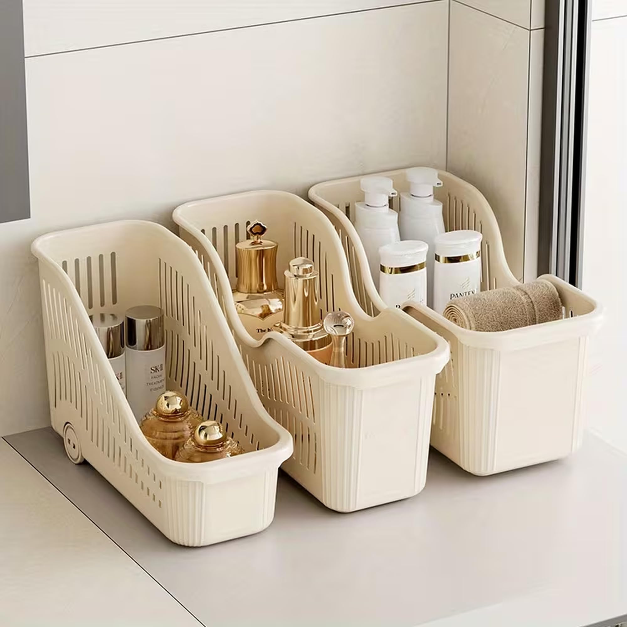 SHAMAKART Rolling Storage Basket Organizer Set of 3 – Slim Pull-Out Kitchen Cabinet & Pantry Bins with Wheels, Plastic Countertop & Fridge Organizer