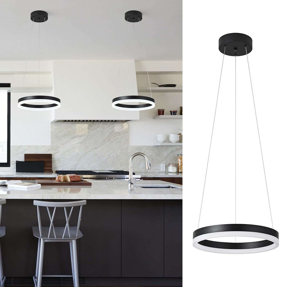 Mccokaige 12" Black LED Ring Chandelier - Modern Pendant Light Fixture for