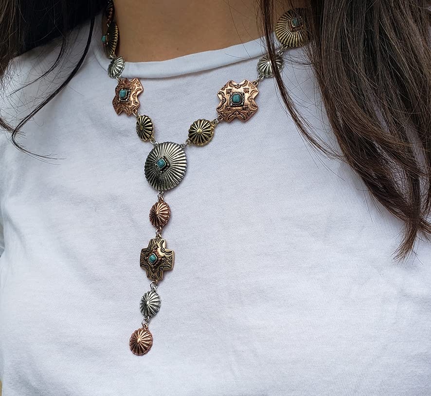 Rosemarie-Jubalee-Womens-Stunning-Tri-Toned-Western-Conchos-With-Semi-Precious-Turquoise-Howlite-Stone-Y-Drop-Collar-Necklace-173-Extender